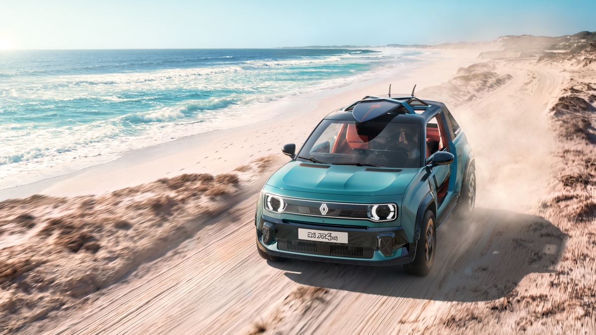 Renault 4 JP4x4 Concept em estrada de areia junto à praia com tração integral elétrica